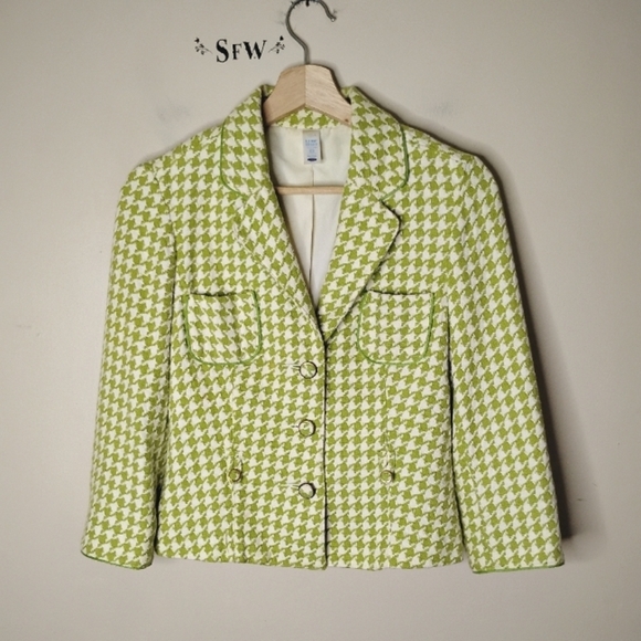 Vintage Y2K Old Navy Houndstooth Blazer XS Green White Lined 3-Button - Picture 2 of 9
